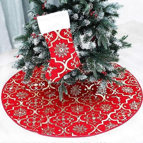 Jupe de sapin de Noël, tapis de sapin en flanelle rouge, jupe à motifs de Noël dorés, avec chaussettes de Noël (1/5)