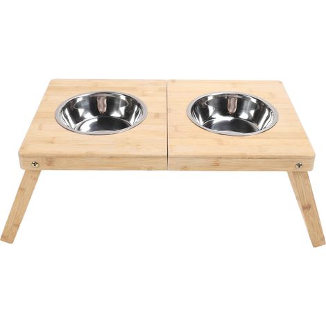 Support surélevé pour gamelles de chat, gamelle double multifonctionnelle en acier inoxydable et bambou pour chats et chiens. (1/5)