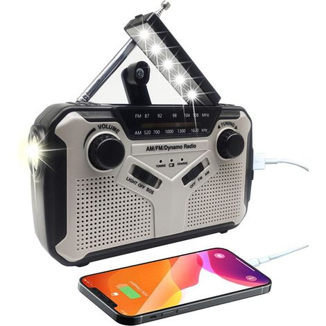 Radio FM/AM à manivelle, alimentée par batterie, alimentée par énergie solaire, radio d'urgence avec alarme SOS/lampe de poche, gris. (1/5)