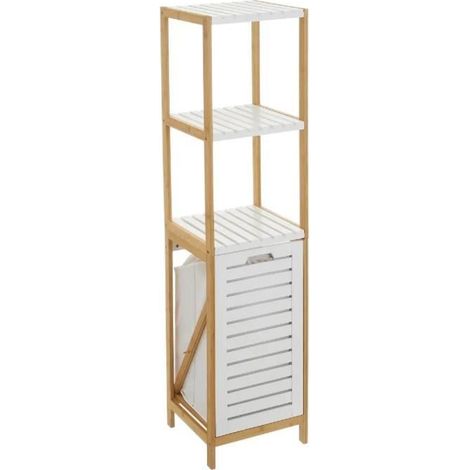 Étagère de salle de bain - JUANIO - JUANIO - 3 étagères - placard basculant avec panier à linge - bambou/MDF blanc-naturel (1/4)