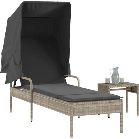 Sonnenliege mit Dach und Tisch Hellgrau Poly Rattan