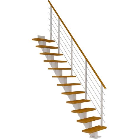 Dolle Mittelholmtreppe Frankfurt Gerade Eiche, geölt 65 cm breit für Geschosshöhen 259 – 301 cm UK Metall Weiß inkl. einseitigem Designgeländer