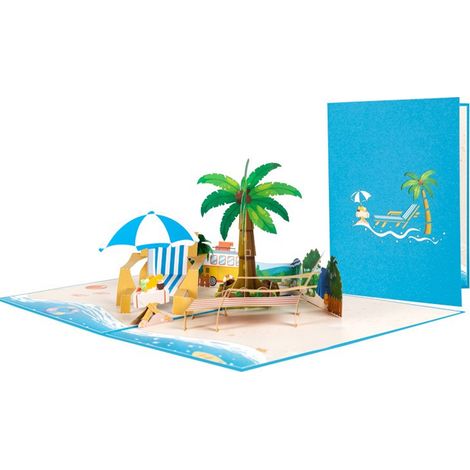 1 Carte pop-up 3D, papier haute qualité, design plage transat, message intégré, anniversaire voyage (1/5)