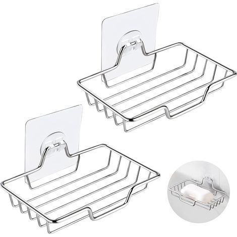 Lot de 2 porte savon sans perçage en acier inoxydable Porte savon mural pour douche, éponge, salle de bain, cuisine (1/5)