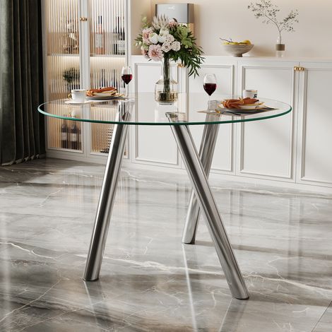 Tavolo da pranzo rotondo 89 cm, piano in vetro temperato, bordo arrotondato, struttura in metallo, colore argento (1/5)
