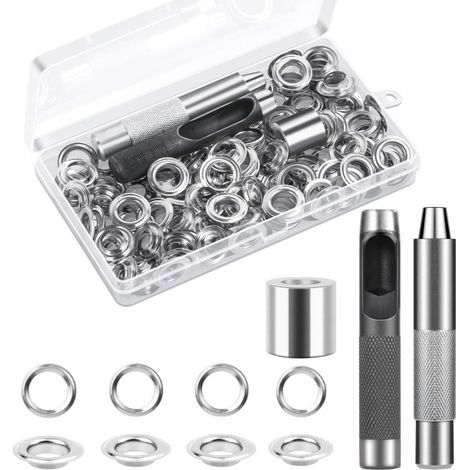 Lntyq Trousse À Œillets Outils, Ensembles Oeillets 120 Set, Oeillets Pour Baches, Kit De Grommets Eyelets, Pour Toile Bâche Tente De Réparation Argent 12mm(Diamètre Intérieur)