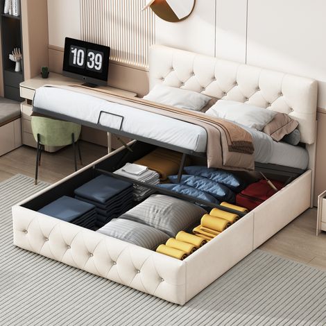 Fortuna Lai – Lit coffre 160x200 cm – lit double adulte avec tête de lit rembourrée – rangement hydraulique – velours beige (1/5)