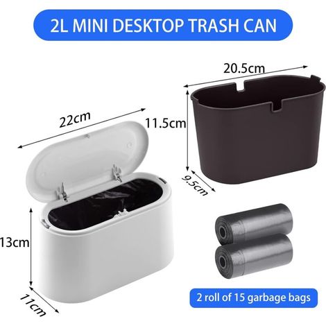 Cestino da tavolo con coperchio a pulsante, design compatto, in plastica, per bagno o ufficio, 22 x 11 x 13 cm (1/3)