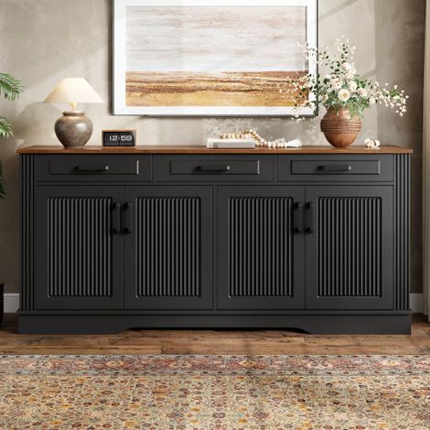 Buffet 160 x 40 x 75 cm - 4 portes rainurées - 3 tiroirs - étagères fixes - MDF noir (1/5)