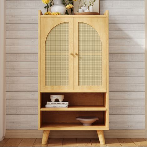 Credenza alta 2 ante in rattan e 2 vani aperti 60 x 40 x 121 cm naturale OKMYHOME (1/5)