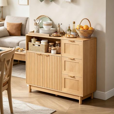 Sideboard 90 x 35 x 80 cm in Holzoptik mit Schubladen und verstellbaren Regalen (1/5)