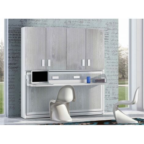 Lit escamotable 140x190 P 53cm chêne gris avec étagères et bureau Miko (1/5)