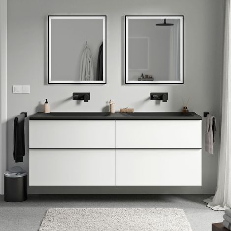 BERNSTEIN - Mobile lavabo sospeso MDF Bianco opaco, lavabo Ghisa senza foro rubinetto e maniglia Nero opaco - 160x46x62cm - LAVOA	Bianco opaco, Nero opaco, Nero opaco senza foro per rubinetto