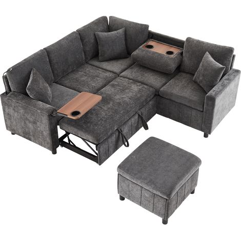 Sofa Rinconera Cama con Mesa Plegable Portavasos Lampara de Lectura Puertos USB-C Chenilla Gris 205 x 205 x 85 cm (1/5)