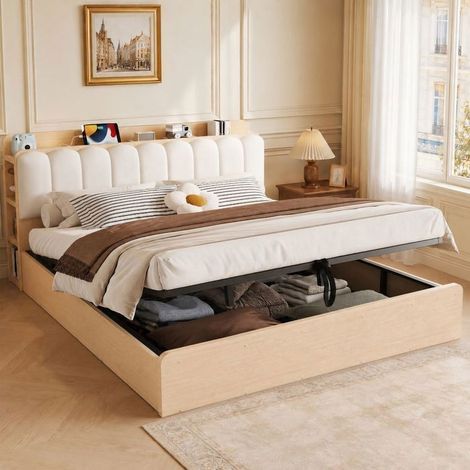 Lit Coffre 180x200 cm avec Rangement et Port USB - Lit Rembourré - Tête de Lit en Velours Beige, Veilleuse LED et Sommier Bois Brut (1/5)