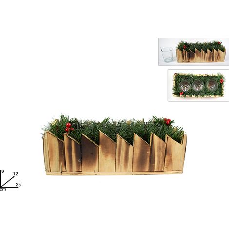 Portacandela in Legno Tondo con Pigne e Bacche 25 cm