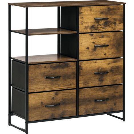 Meuble de rangement commode style industriel 6 tiroirs pliables 2 étagères acier et bois 84 x 30 x 92 cm