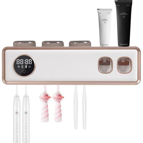 Porte-brosse à dents mural : désinfectant UV, séchage avec 6 fentes pour pinceaux, 3 gobelets magnétiques, distributeur automatique de dentifrice et écran tactile LED (blanc) (1/5)