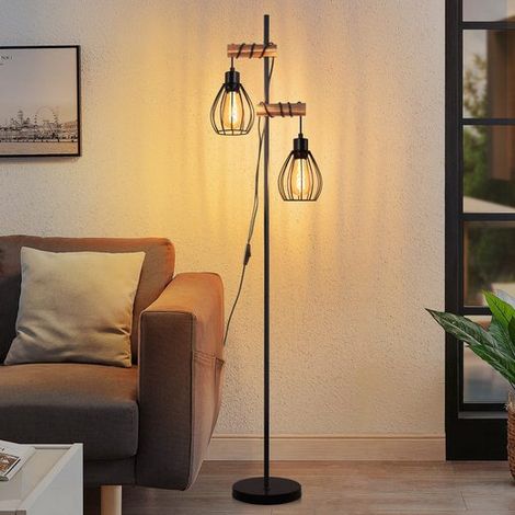 GBLY Stehlampe Schwarz Stehleuchte Wohnzimmer Holz - Vintage Standleuchte 2 flammig im Industrial Design aus Metall mit Schalter E27 Fassung 152cm Retro Standlampe für Schlafzimmer (ohne Leuchtmittel)