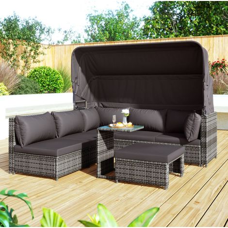 Tumbona de jardín de ratán gris con toldo retráctil, sofá modular con 2 sillones, reposapiés y mesa auxiliar (1/5)