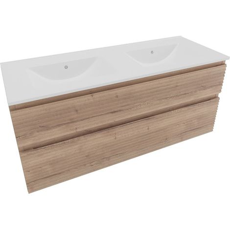 Meuble suspendu avec double vasque - Naturel - Savona - 118x53x44,8 - Chêne Halifax (1/2)