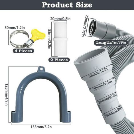 1 Meter Tuyau de Vidange,Tuyau de vidange pour machine à laver,4 spécifications d'interface,avec 2 Connecteurs et 4 Colliers Serrage (1/5)