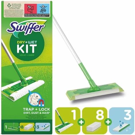 Mocio piatto Swiffer verde con 1 accessorio, 8 panni asciutti e 3 panni umidi (1/5)