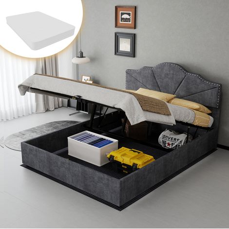 Bett mit Stauraum modern Stoff Grau 140x200 cm mit geometrischem Kopfteil, Lattenrost, pneumatischer Öffnung und Matratze (1/5)