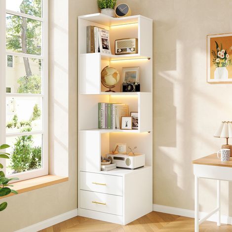 Étagère D'angle 165cm, LED, 2 Tiroirs, 4 Niveaux, Blanc, pour Salon, Chambre, Bureau (1/4)