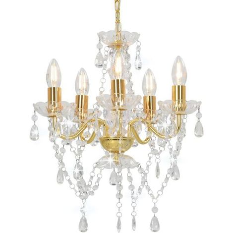 Lustre rond orné de perles de cristal doré, 5 douilles E14 (1/5)