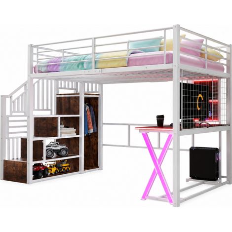 Cama alta 140 x 200 cm con LED ambiente, escritorio, escalera con almacenaje, armario y estantes ajustables, sin colchón, color blanco, ideal para dormitorio juvenil – CHICFURN (1/5)