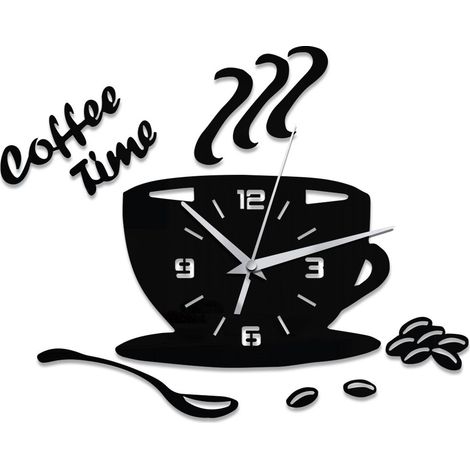 Murale 3D, Pendule Murales pour Cafés, Autocollant Miroir 3D Home Decor Horloge Murale Silencieuse (Pas De Batterie)Noir (1/3)