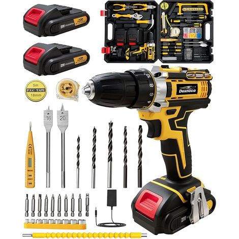 Cordless Drill Kit, 45Nm, 3/8" Keyless Chuck 1750 RPM, 2x 2.0 Ah Batteries, 21V, 18+3 Clutch, Home, DIY, Woodworking, Construction site, Automotive (1/5)