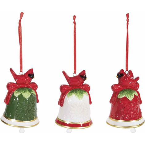 Addobbi albero a campanelle di Natale in ceramica con uccellino e fiocchetto in 3D da appendere, set da 6 pezzi, Ø 6 cm x 8,5 H