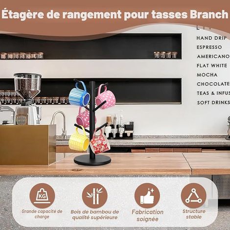 Porte-Tasses Bambou avec 6 Crochets, Support Rangement Tasse Café, Arbre Tasse avec Base Épaisse, Porte Gobelet, Organisateur Suspendu Mug Multifonction (1/4)