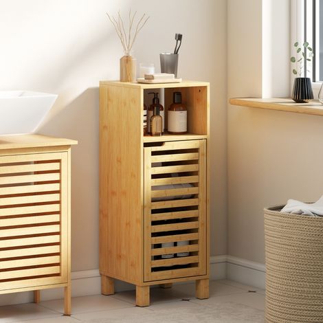 Badezimmerschrank aus Bambus, naturfarben, 30 cm breit, mit offenem Fach und 2 Türen