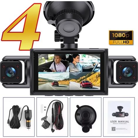 (Carte SD 128 Go, 4 objectifs) Caméra embarquée DVR pour voiture, caméra de tableau de bord 360° à 4 canaux (1/5)