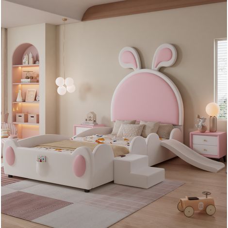 Cama infantil 90x200 cm rosa y blanco, PU con tobogán y escalera (1/5)