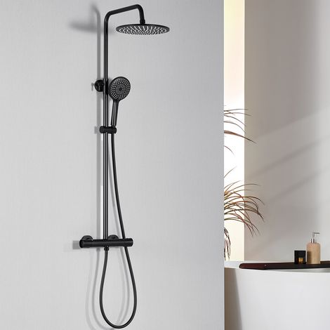 Columna ducha termostática Auralumax negra,mezclador ducha de cobre,juego de ducha con 3 chorros,altura ajustable,ideal para casas, hoteles,etc. (1/5)