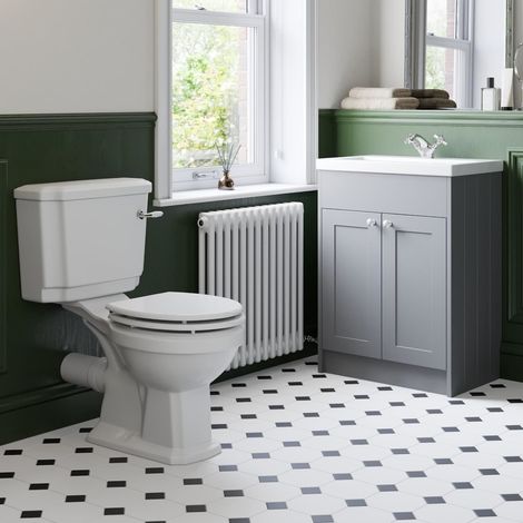 Traditional Cloakroom Suite Close Coupled Toilet WC Grey Vanity Unit Bathroom (1/5)
