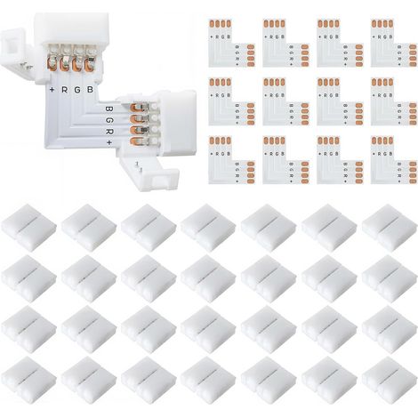 Lot de 40 connecteurs en L à 4 broches pour rubans LED, connecteurs LED 4 broches, connecteurs pour rubans RGB 10 mm, coupleurs coudés pour éclairage décoratif, montage simple et connexion stable. (1/5)