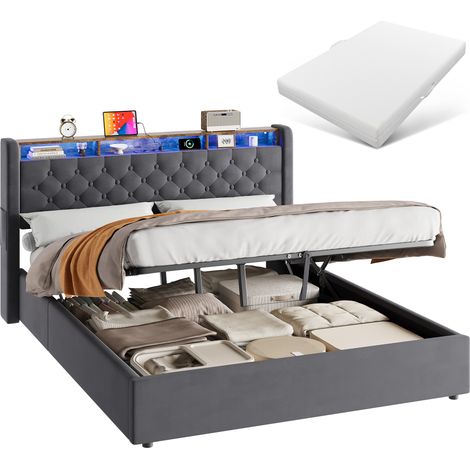 Lit 160x200 cm velours gris foncé avec rangement intégré dans tête de lit et sous couchage, capacité 150 kg, design pratique – de CHICFURN (1/5)