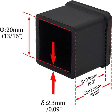 Lot de 10 Embouts de Pieds de Chaise carrés en Caoutchouc antidérapant pour protéger Le Sol des Meubles et des Tables 20 x20 mm, Noir (1/4)