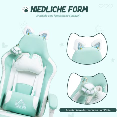Fauteuil Gaming Oreilles de Chat, dossier inclinable, repose-pieds escamotable, charge max 120 kg, bleu Tiffany (1/5)