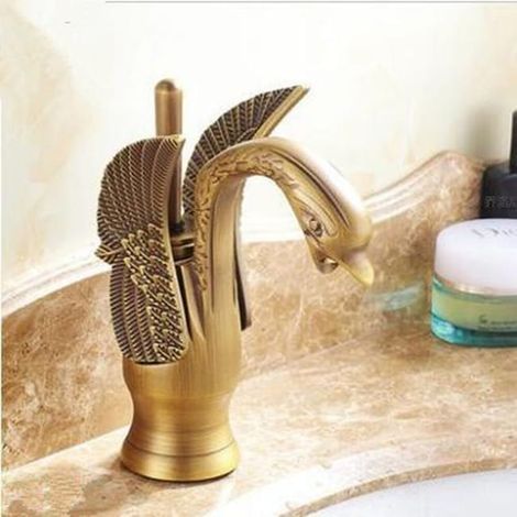 Robinet antique en forme de cygne pour lavabo, eau chaude et froide, version courte, laiton, style rétro élégant (1/5)
