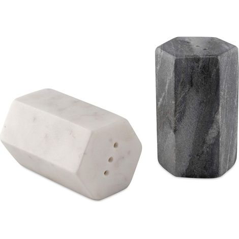 Ensemble salière et poivrière en marbre blanc et noir fait à la main pour la cuisine et la table à manger, distributeur d'épices, porte-poivre en pierre lourd et durable (1/4)