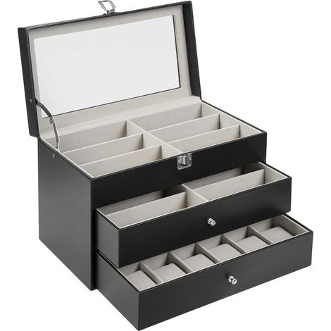 Caja de almacenamiento de 3 niveles para gafas y relojes, con cierre de seguridad, color negro. (1/2)