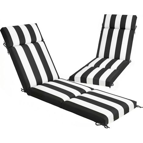 Lot de 2 coussins de chaise d'extérieur avec 6 attaches, en coton, 183 x 54 x 6,5 cm, noir et blanc (1/5)