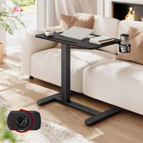 Bureau Assis-Debout sur roulettes, Table Mobile Réglable en Hauteur, Plateau de 70 x 40 cm, 2 Porte-gobelets, Fente Porte-Téléphone ou Tablette, Noir d'encre (1/5)