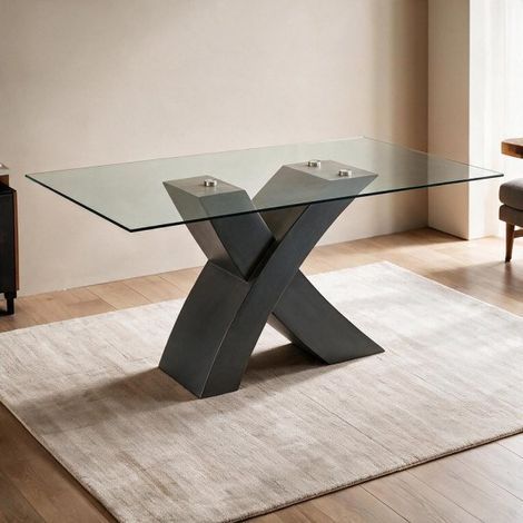Tavolo fisso Duncan con piano in vetro e gambe incrociate effetto legno nero 150x90x76H